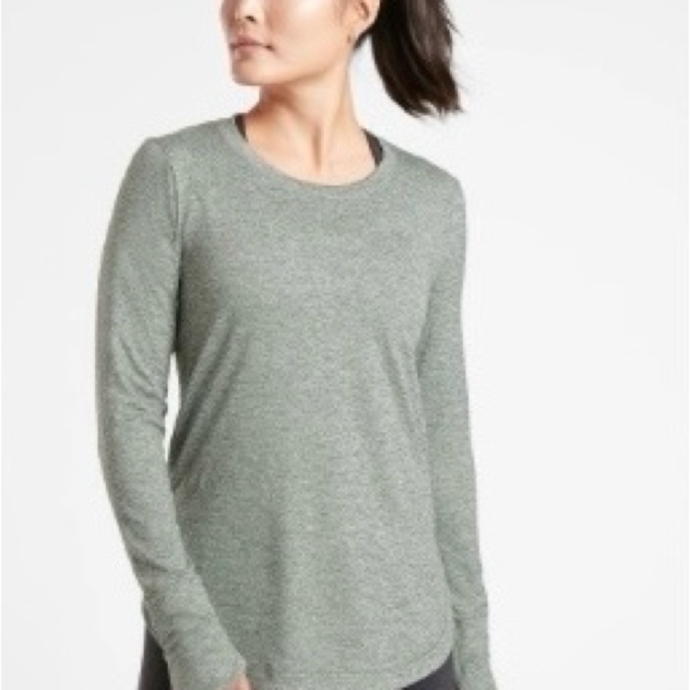 Athleta Uptempo long sleeve top heather green.